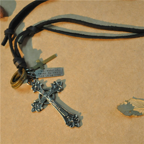 100% Genuine Leather Men Necklaces Cross Pendants Punk Vintage Adjustable Brown Black Rope Chain Male Jewelry Mens Jewelery