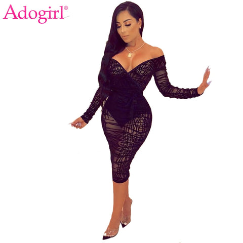 Adogirl Ruffle Sheer Lace Bodycon Dress Plus Size S-4XL Women Sexy V Neck Off Shoulder Long Sleeve Sheath Midi Club Party Dress