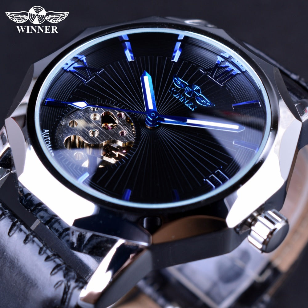 Winner Blue Ocean Geometry Design Transparent Skeleton Dial Men Watch Top Brand Luxury Automatic Fashion Mechanical Watch Clock