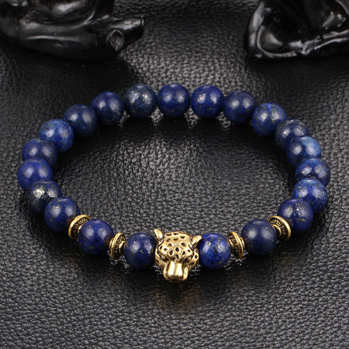 Wholesale Antique Silver Plated Buddha Leopard head Bracelet Lava Natural Stone Beaded Bracelets For Men Women Pulseras Hombre