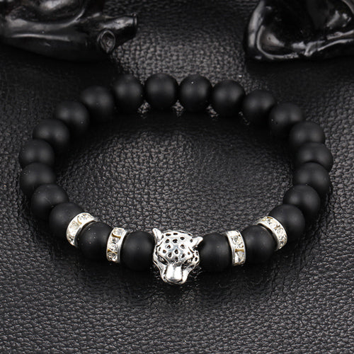 Wholesale Antique Silver Plated Buddha Leopard head Bracelet Lava Natural Stone Beaded Bracelets For Men Women Pulseras Hombre