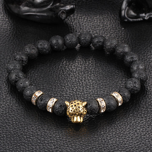 Wholesale Antique Silver Plated Buddha Leopard head Bracelet Lava Natural Stone Beaded Bracelets For Men Women Pulseras Hombre