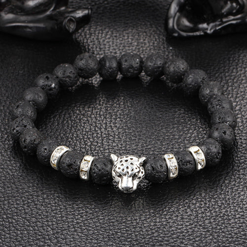 Wholesale Antique Silver Plated Buddha Leopard head Bracelet Lava Natural Stone Beaded Bracelets For Men Women Pulseras Hombre