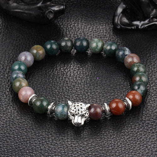 Wholesale Antique Silver Plated Buddha Leopard head Bracelet Lava Natural Stone Beaded Bracelets For Men Women Pulseras Hombre