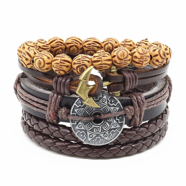 4pcs/set Handmade Fashion Trendy Vintage Female Femme Homme Male Punk Wood Bead Charm Men  Leather Bracelet For Women Jewelry