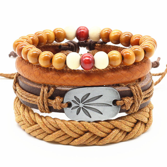 4pcs/set Handmade Fashion Trendy Vintage Female Femme Homme Male Punk Wood Bead Charm Men  Leather Bracelet For Women Jewelry