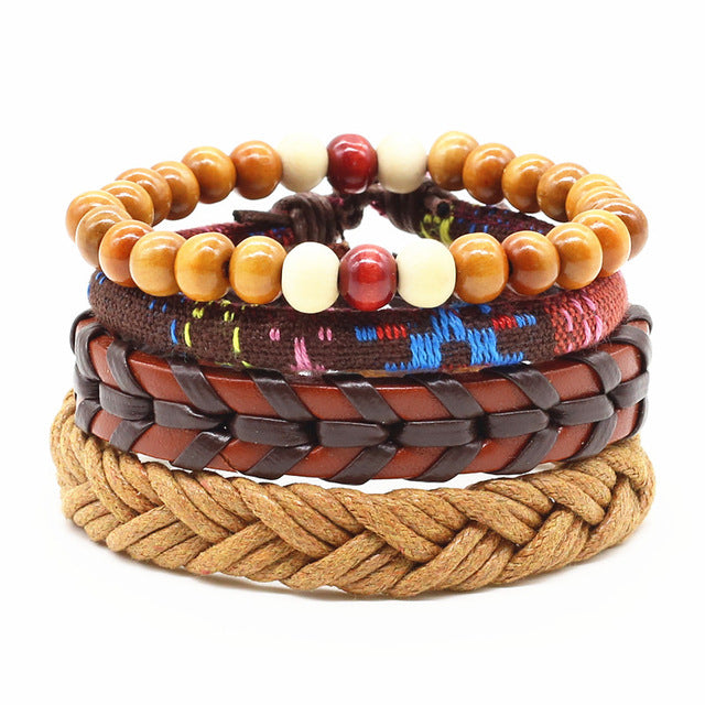 4pcs/set Handmade Fashion Trendy Vintage Female Femme Homme Male Punk Wood Bead Charm Men  Leather Bracelet For Women Jewelry