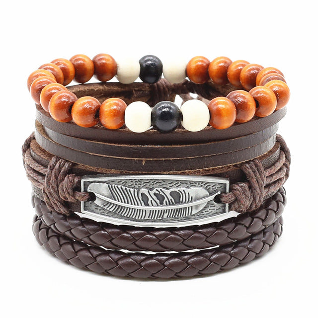 4pcs/set Handmade Fashion Trendy Vintage Female Femme Homme Male Punk Wood Bead Charm Men  Leather Bracelet For Women Jewelry