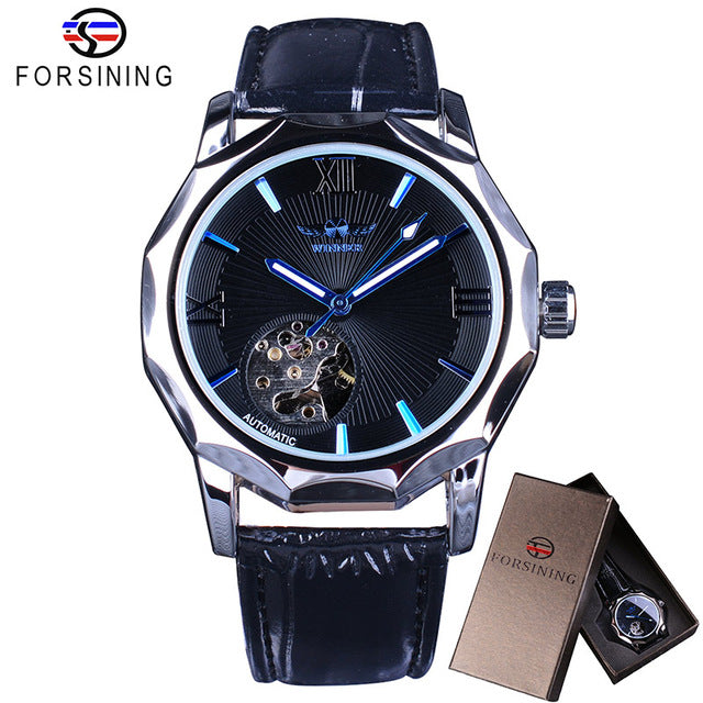 Winner Blue Ocean Geometry Design Transparent Skeleton Dial Men Watch Top Brand Luxury Automatic Fashion Mechanical Watch Clock